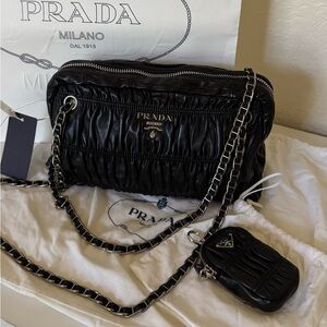 Prada Black Gaufre-Style Leather Shoulder Bag with Chain Strap